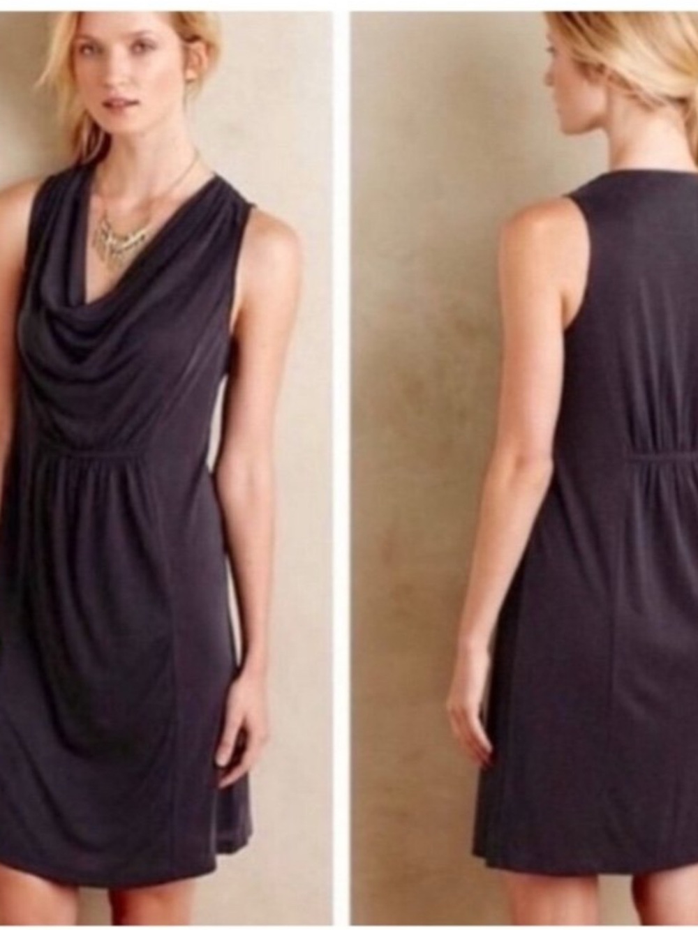 Maeve Cara Cowl Neck Black Dress with Yellow Label Accent